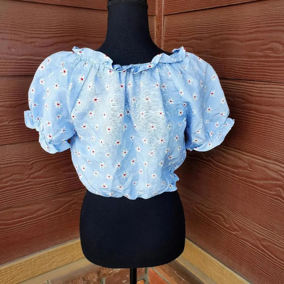 ZARA Summer Linen Blend Floral Blouse Blue Size Small NWOT - Picture 9 of 13